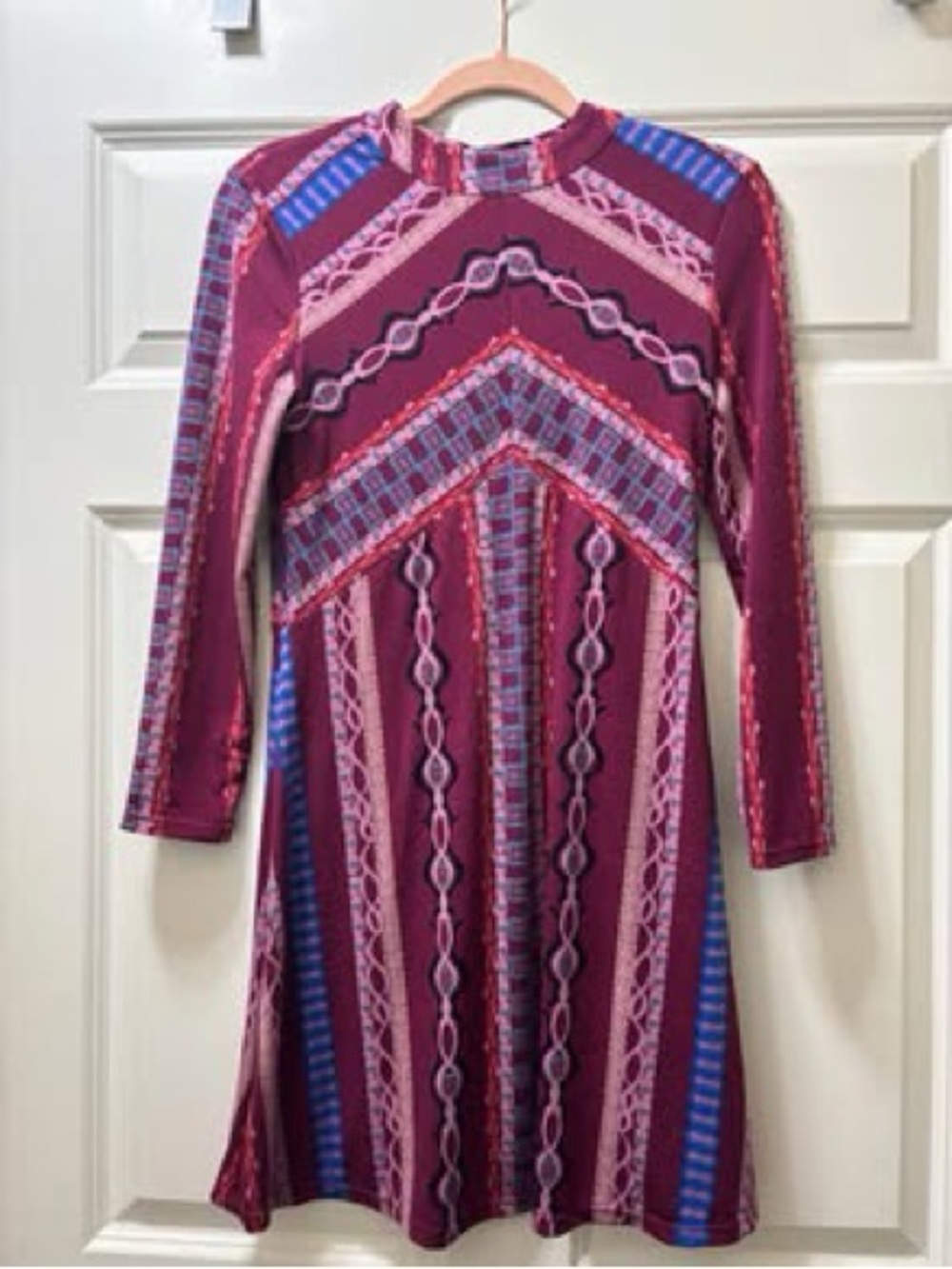 Free People Maroon & Pink Patterned Long-Sleeve Mini Dress with Blue Accents